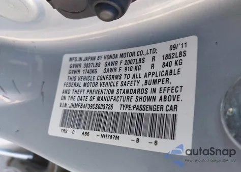 2012 Honda Civic Hybrid from USA, damaged, VIN JHMFB4F39CS003726
